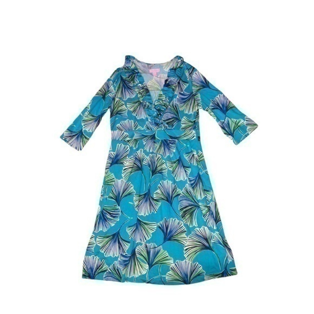 Lilly Pulitzer Blayney Ruffle V-Neck Blue/Green Dress M silk blend